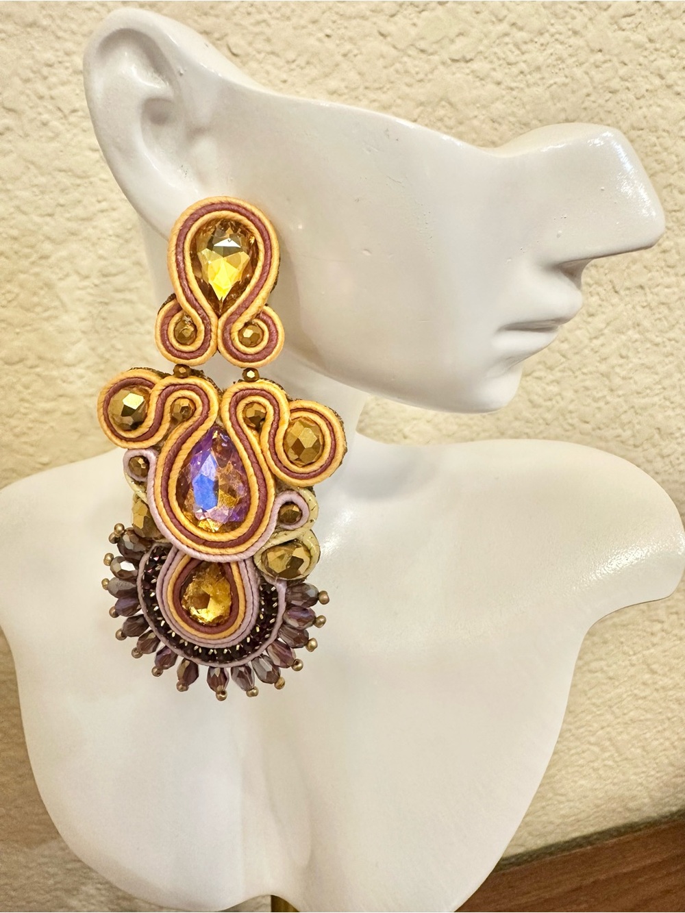 Handmade Yellow & Lavender Soutache Statement Earrings
